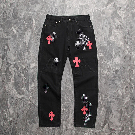 JEAN FLEURKNEE NOIR AVEC PATCH CHROME HEARTS ROSE ET CROSS À CARREAUX