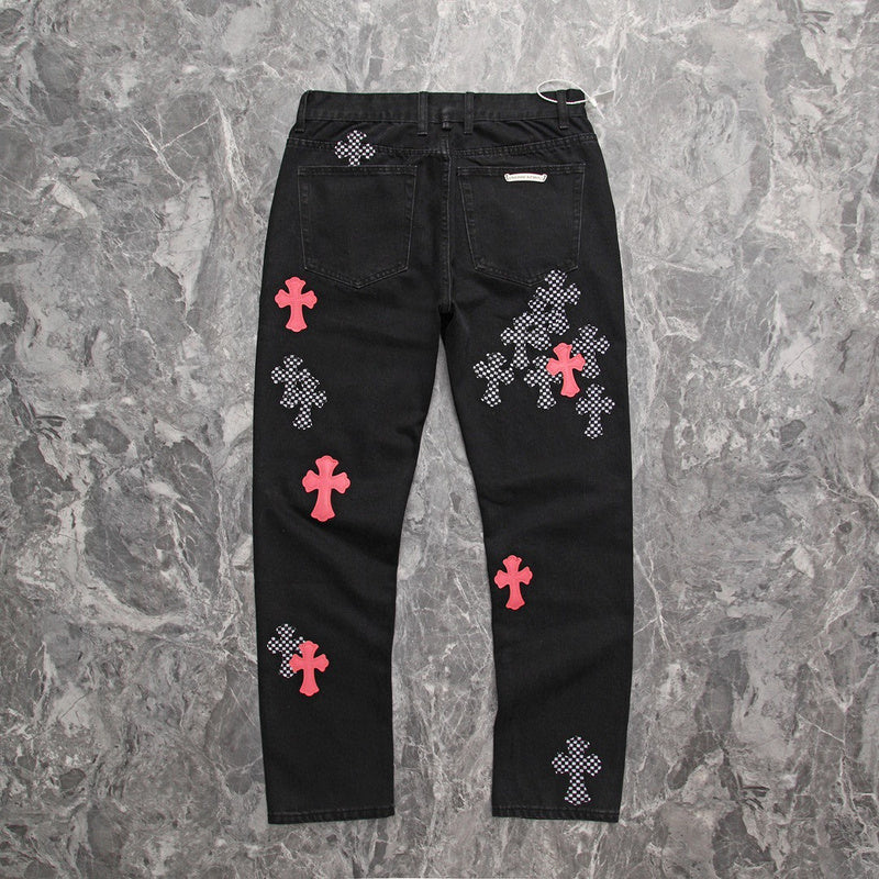 JEAN FLEURKNEE NOIR AVEC PATCH CHROME HEARTS ROSE ET CROSS À CARREAUX