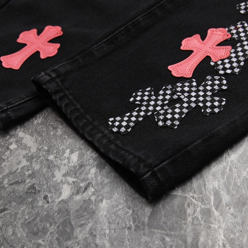 JEAN FLEURKNEE NOIR AVEC PATCH CHROME HEARTS ROSE ET CROSS À CARREAUX
