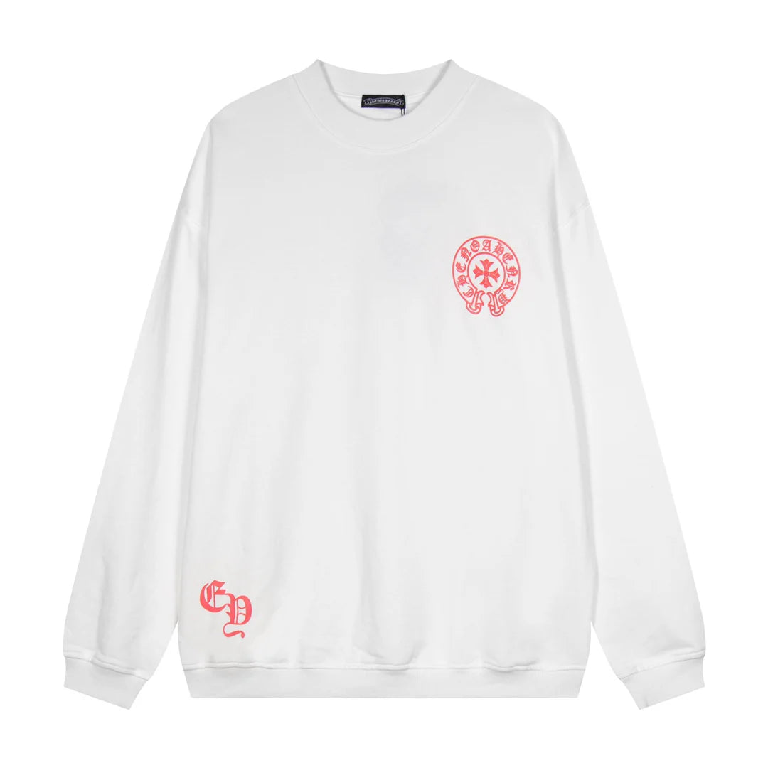 Sweat-shirt blanc avec logo fer à cheval rouge et cœurs chromés