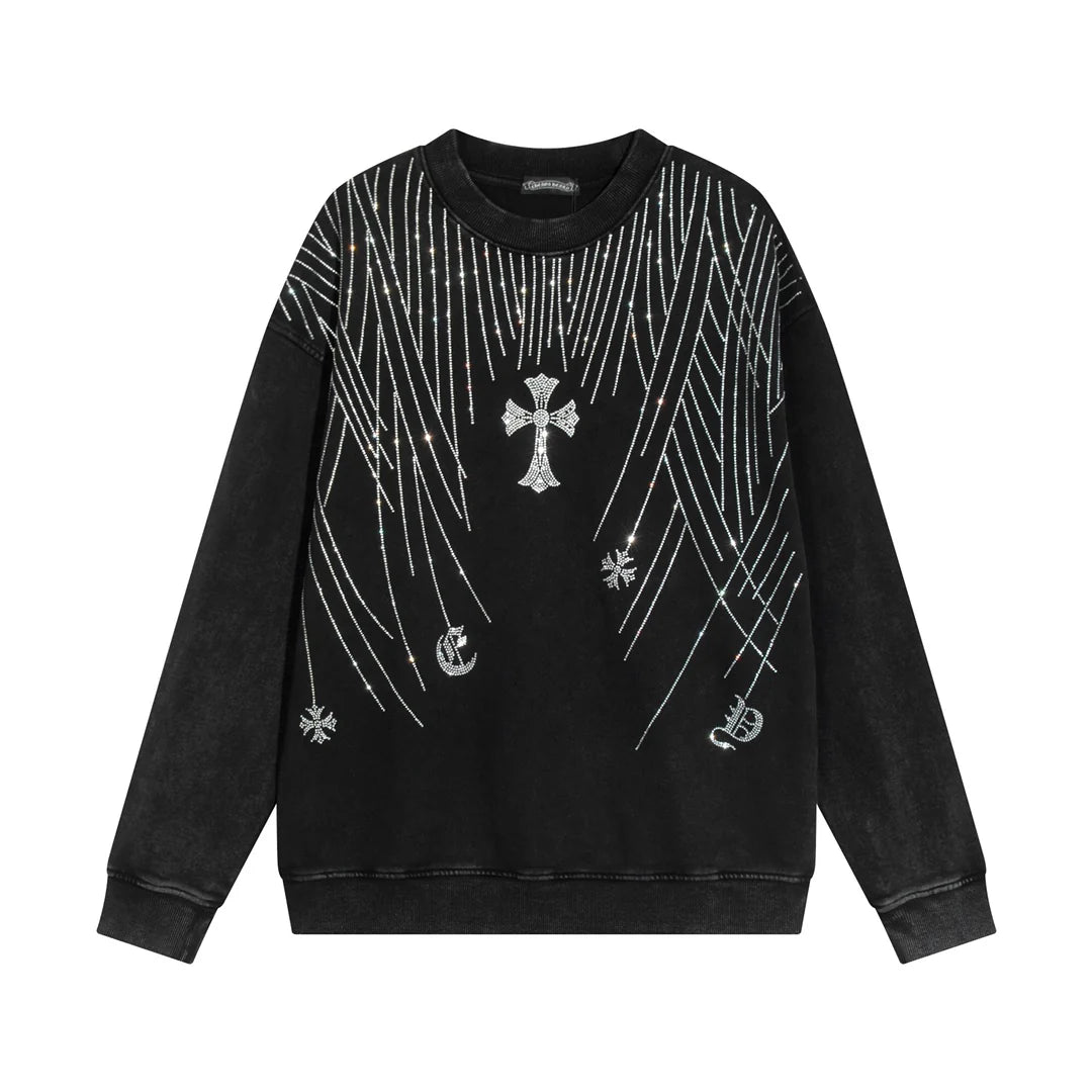 Sweat-shirt noir à motif cœurs chromés et strass