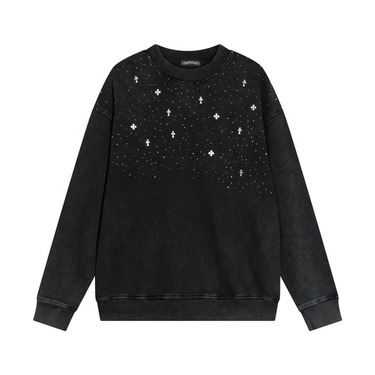 Sweat-shirt à strass étoilés et CHROME HEARTS noir délavé