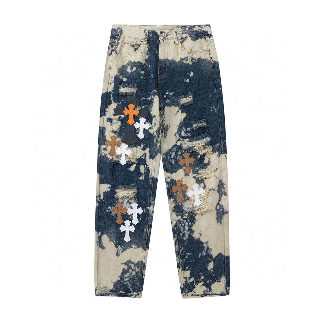 JEAN CHROME HEARTS TIE DYE BLANC ORANGE AVEC PATCH CROIX