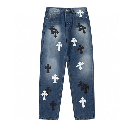 CHROME HEARTS BLANC NOIR PATCH CROIX JEANS DENIM