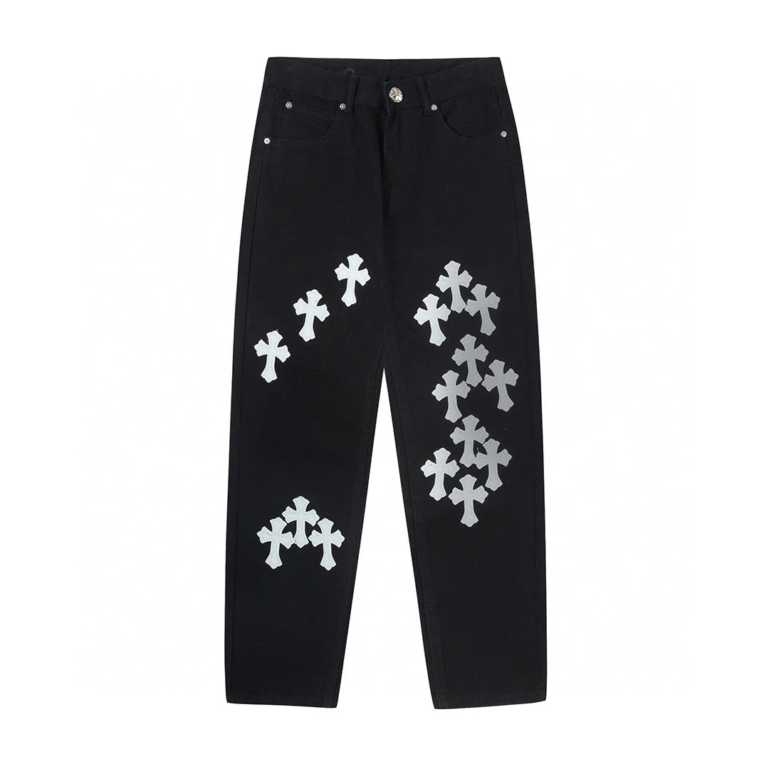CHROME HEARTS BLANC JAUNE PATCH CROIX JEANS NOIR
