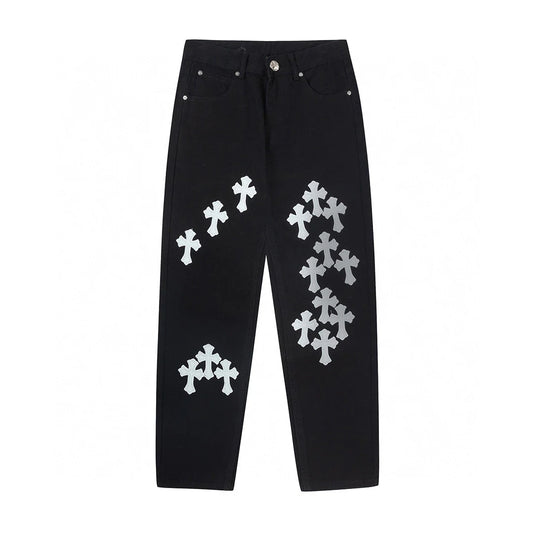 CHROME HEARTS BLANC JAUNE PATCH CROIX JEANS NOIR