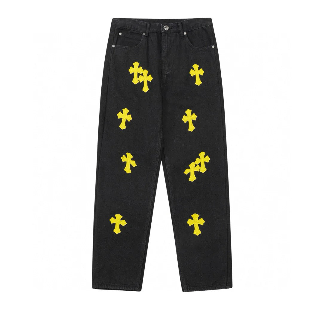 JEAN NOIR AVEC PATCH CROIX JAUNE ET CHROME HEARTS