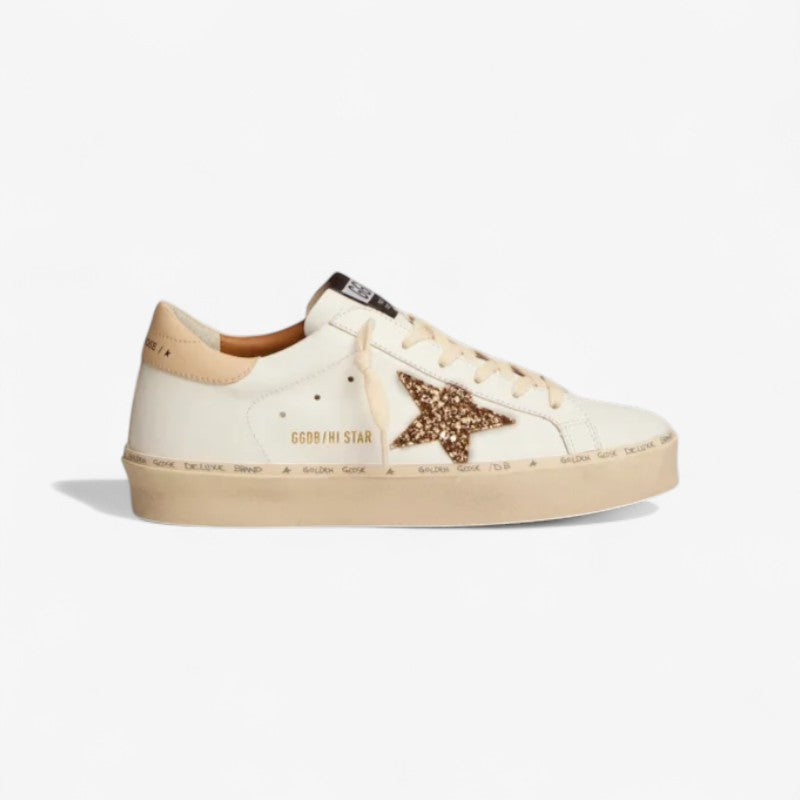 GOLDEN GOOSE Star Sneakers With Gold Glitter Star And Beige Leather Heel Tab