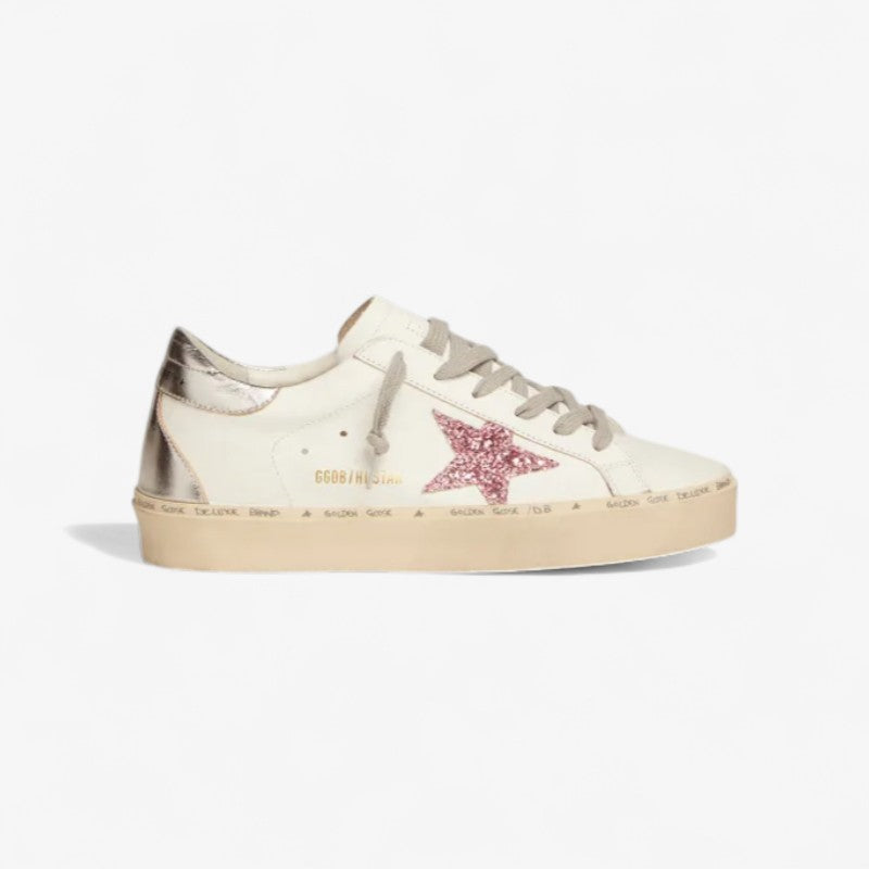 GOLDEN GOOSE Star Sneakers With Silver Laminated Leather Heel Tab And Pink Glitter Star