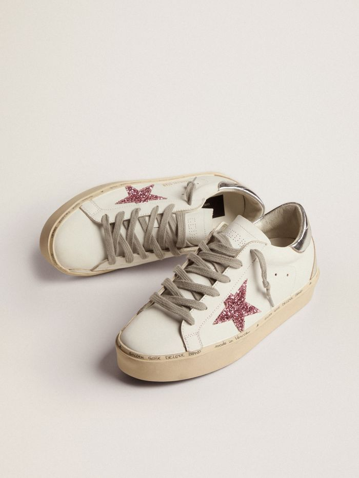 GOLDEN GOOSE Star Sneakers With Silver Laminated Leather Heel Tab And Pink Glitter Star