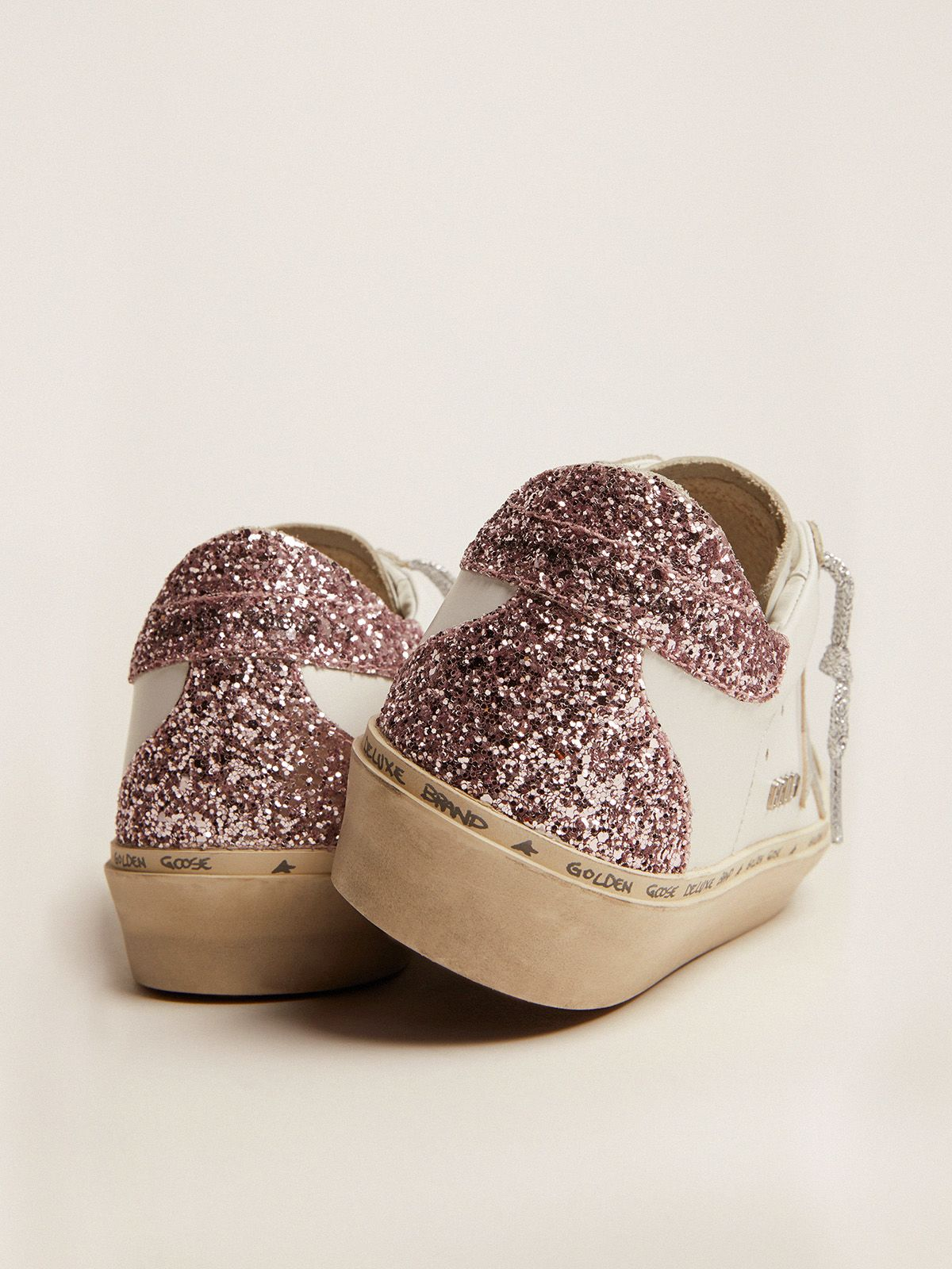 GOLDEN GOOSE Star Sneakers With Silver Laminated Leather Star And Quartz-pink Glitter Heel Tab