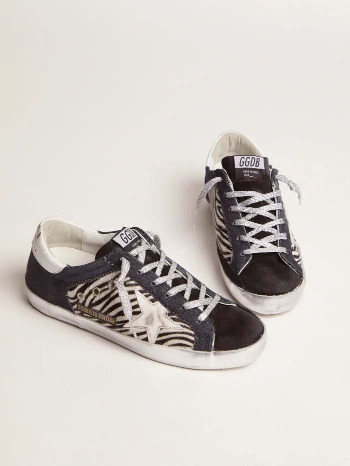 GOLDEN GOOSE Lab Limited Edition Super-star Sneakers In Denim, Zebra-print Pony Skin And Suede