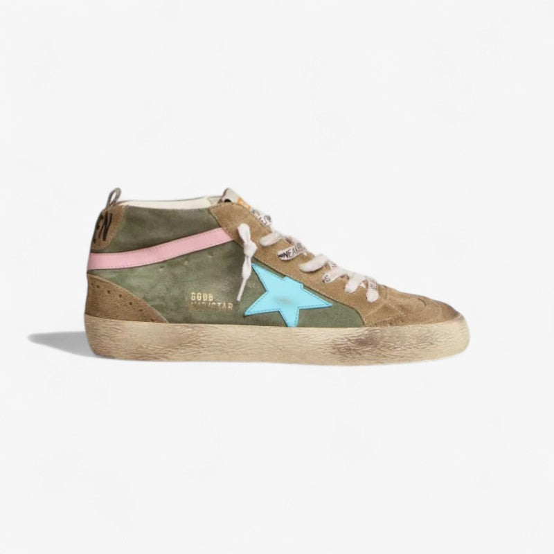GOLDEN GOOSE Mid Star Ltd Sneakers In Military Green Suede With Sky-blue Leather Star And Pink Leather Flash