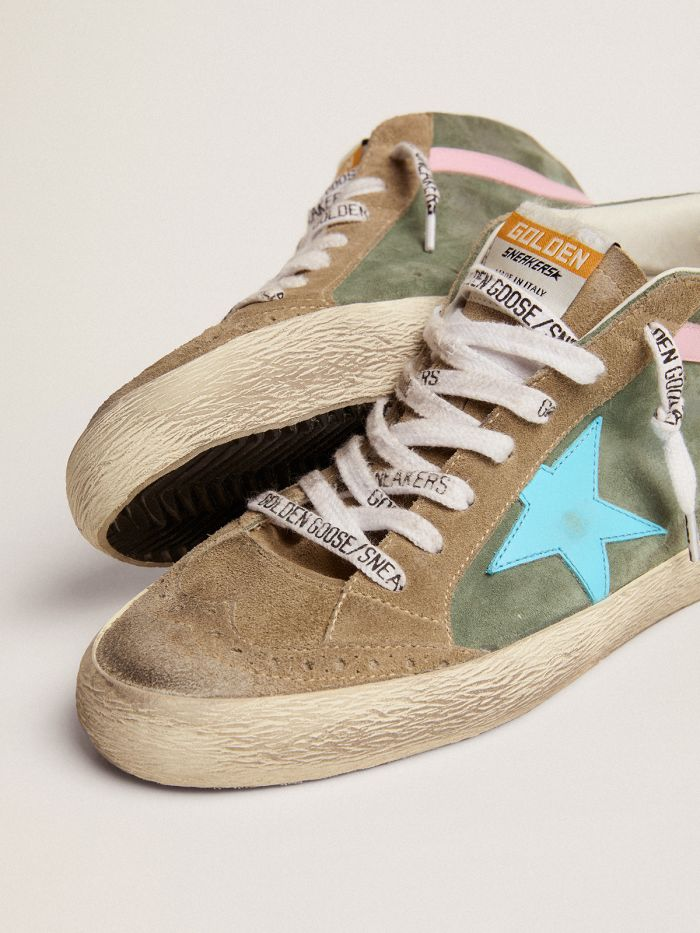 GOLDEN GOOSE Mid Star Ltd Sneakers In Military Green Suede With Sky-blue Leather Star And Pink Leather Flash