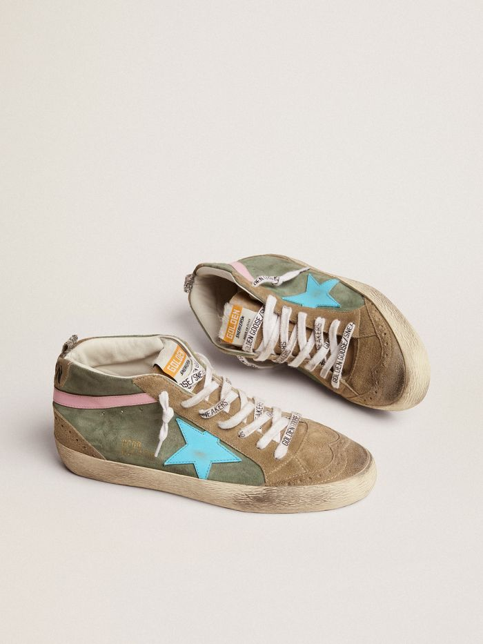 GOLDEN GOOSE Mid Star Ltd Sneakers In Military Green Suede With Sky-blue Leather Star And Pink Leather Flash