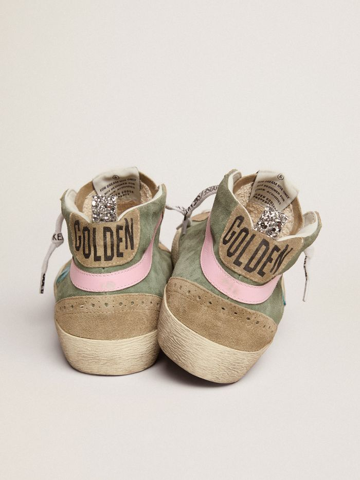 GOLDEN GOOSE Mid Star Ltd Sneakers In Military Green Suede With Sky-blue Leather Star And Pink Leather Flash