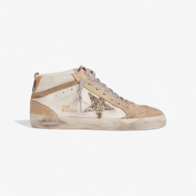 GOLDEN GOOSE Mid Star Ltd Sneakers With Light Green Glitter Star And Snake-print Leather Insert