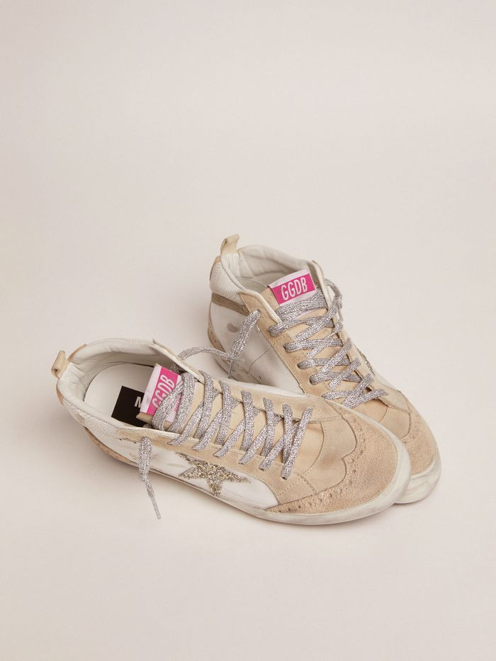 GOLDEN GOOSE Mid Star Ltd Sneakers With Light Green Glitter Star And Snake-print Leather Insert