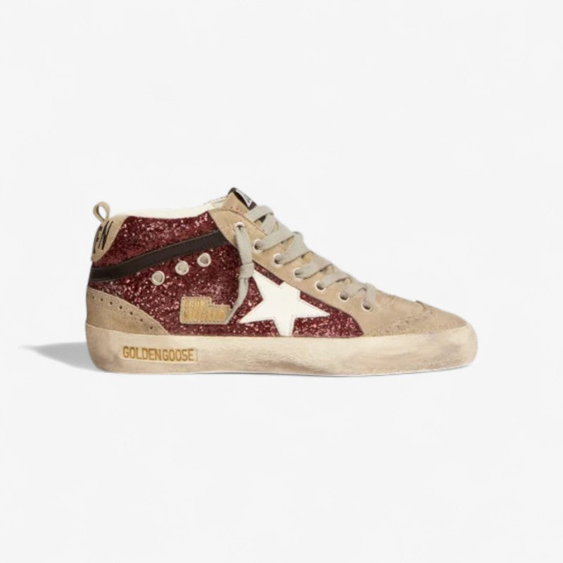 GOLDEN GOOSE Mid Star Sneakers In Burgundy Glitter With Dove-gray Suede Inserts And White Leather Star