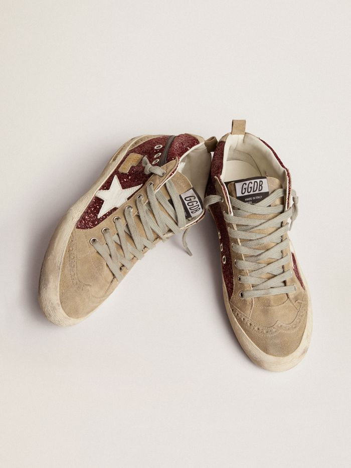 GOLDEN GOOSE Mid Star Sneakers In Burgundy Glitter With Dove-gray Suede Inserts And White Leather Star