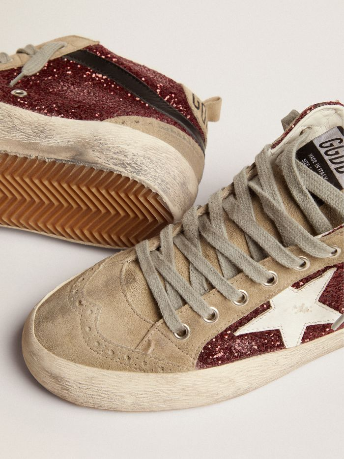 GOLDEN GOOSE Mid Star Sneakers In Burgundy Glitter With Dove-gray Suede Inserts And White Leather Star