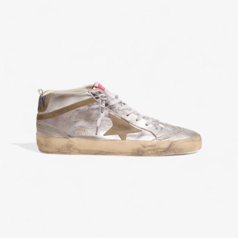 GOLDEN GOOSE Mid Star Sneakers In Silver Metallic Leather With Star And Flash In Dove-gray Suede