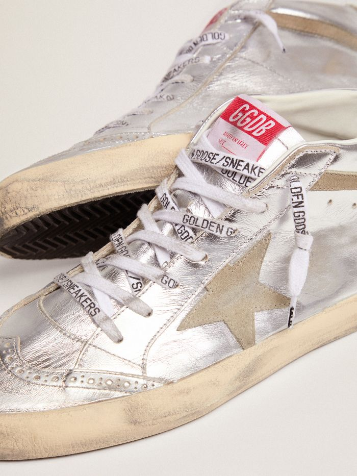 GOLDEN GOOSE Mid Star Sneakers In Silver Metallic Leather With Star And Flash In Dove-gray Suede