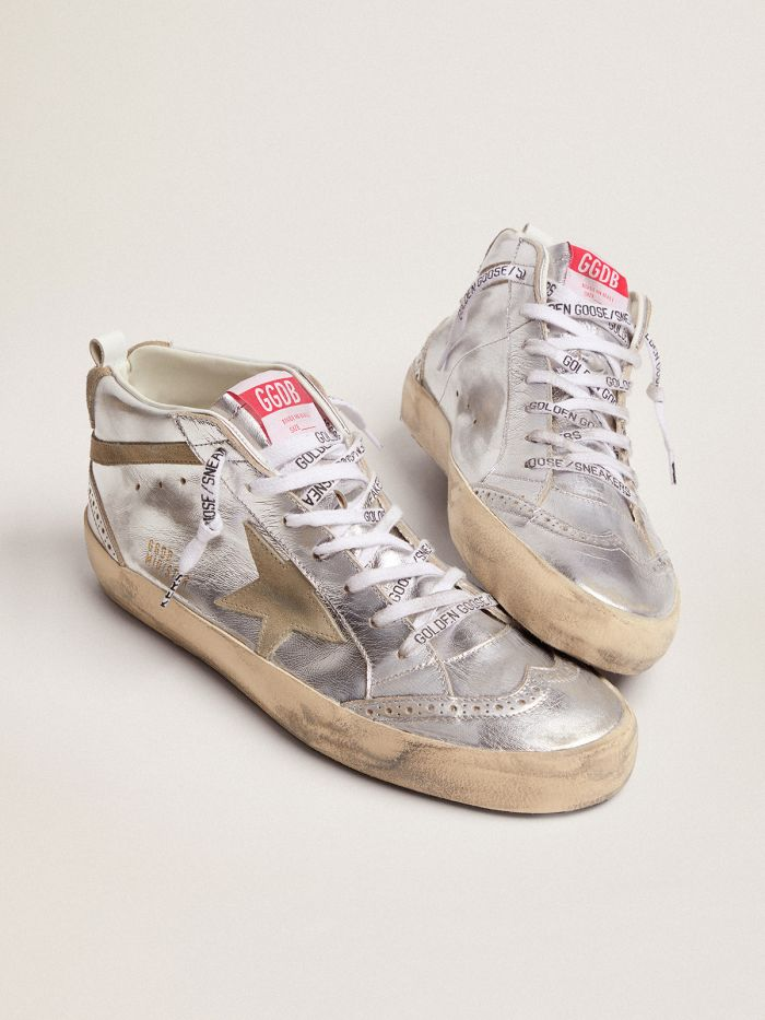 GOLDEN GOOSE Mid Star Sneakers In Silver Metallic Leather With Star And Flash In Dove-gray Suede