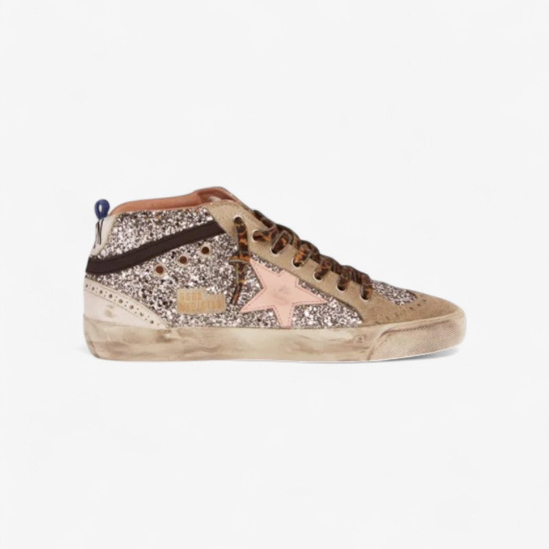 GOLDEN GOOSE Mid Star Sneakers With Silver Glitter Upper And Pale Pink Star