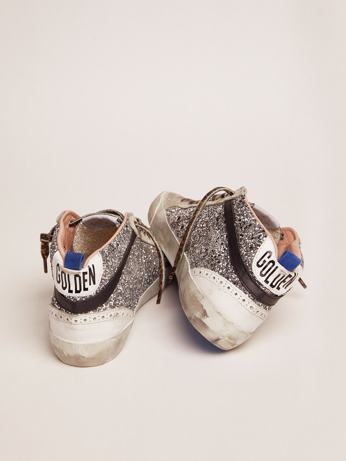 GOLDEN GOOSE Mid Star Sneakers With Silver Glitter Upper And Pale Pink Star