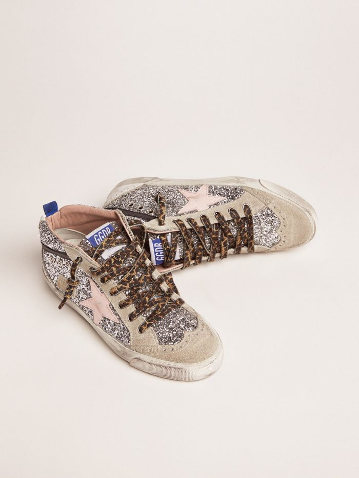 GOLDEN GOOSE Mid Star Sneakers With Silver Glitter Upper And Pale Pink Star