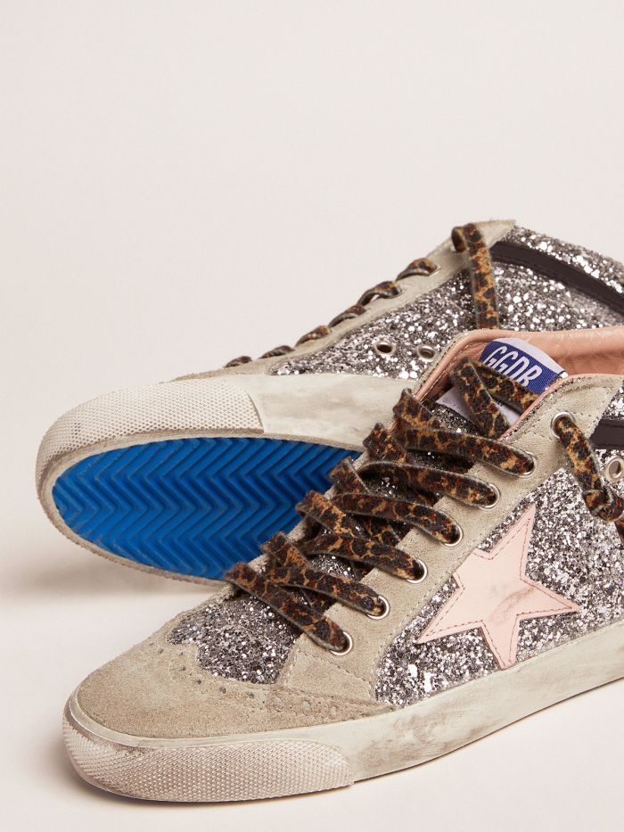 GOLDEN GOOSE Mid Star Sneakers With Silver Glitter Upper And Pale Pink Star