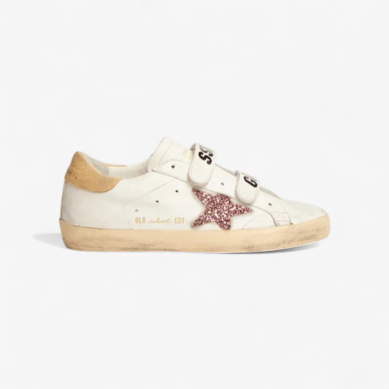 GOLDEN GOOSE Old School Sneakers With Pink Glitter Star And Sand-colored Suede Heel Tab