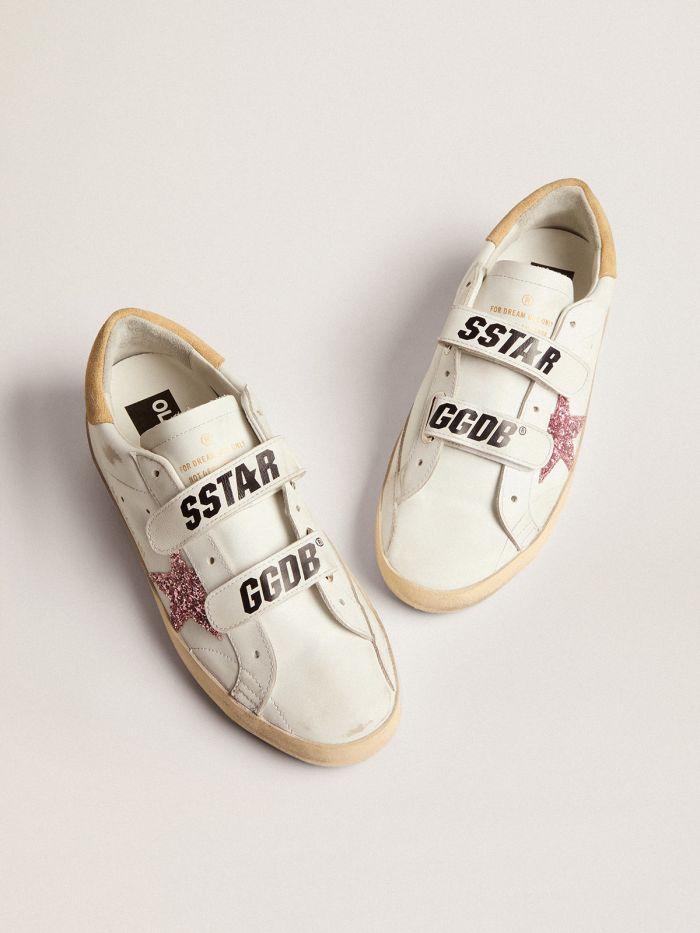 GOLDEN GOOSE Old School Sneakers With Pink Glitter Star And Sand-colored Suede Heel Tab