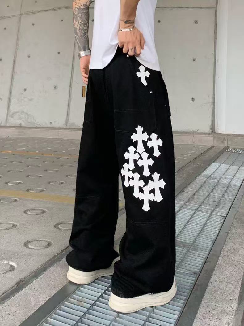 CHROME HEARTS BLANC JAUNE PATCH CROIX JEANS NOIR