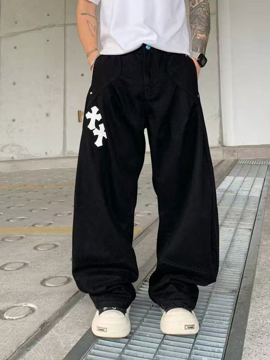 CHROME HEARTS BLANC JAUNE PATCH CROIX JEANS NOIR