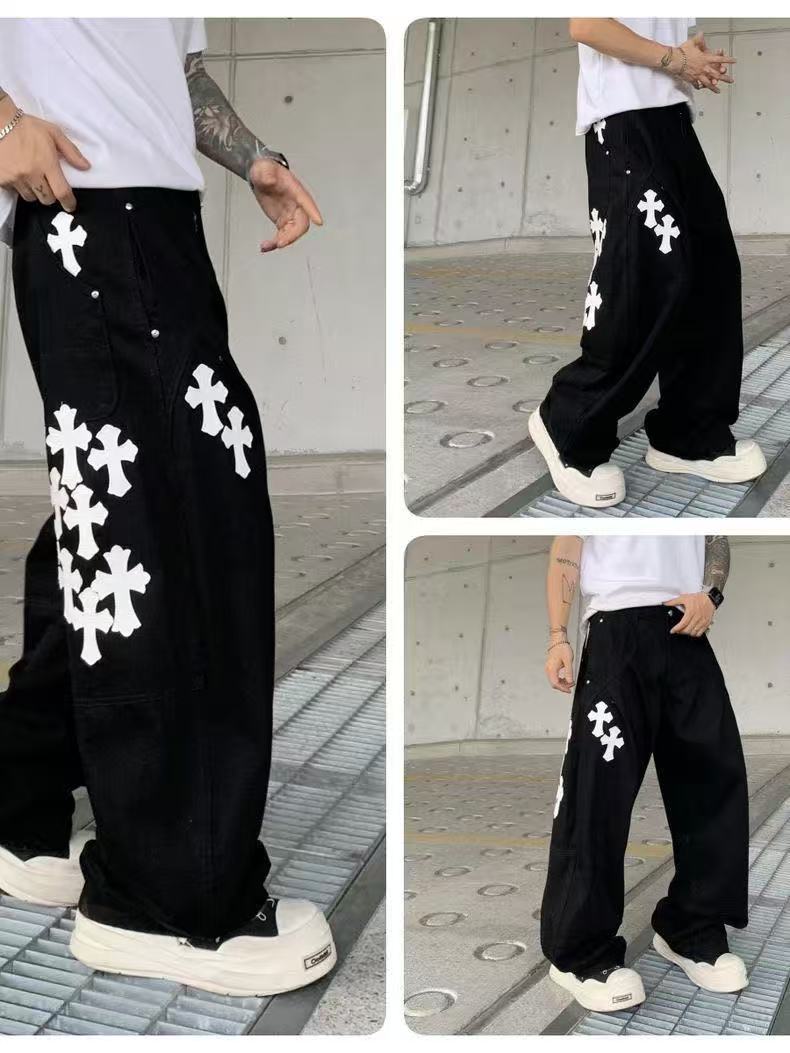 CHROME HEARTS BLANC JAUNE PATCH CROIX JEANS NOIR