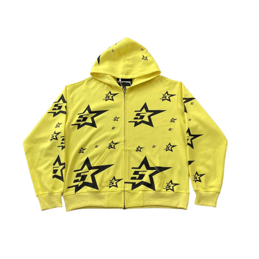 Sweat à capuche zippé double couche 5 étoiles SP5DER jaune