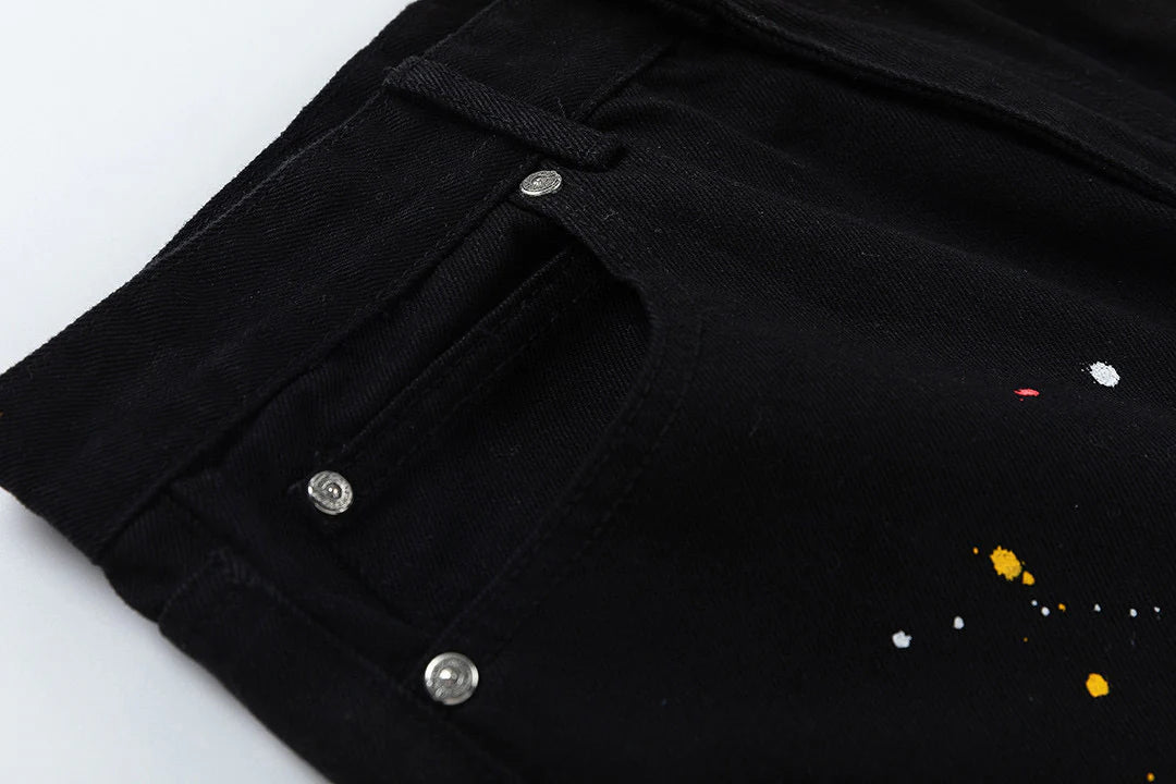 CHROME HEARTS PEINTURE GOUTTE JAUNE CROIX PATCH JEANS NOIR