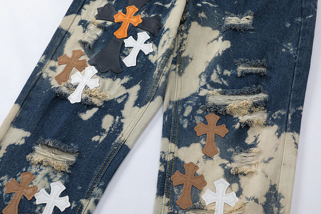 JEAN CHROME HEARTS TIE DYE BLANC ORANGE AVEC PATCH CROIX