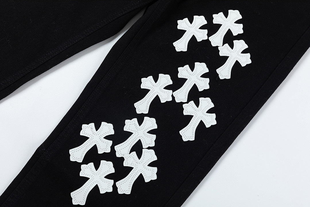 CHROME HEARTS BLANC JAUNE PATCH CROIX JEANS NOIR