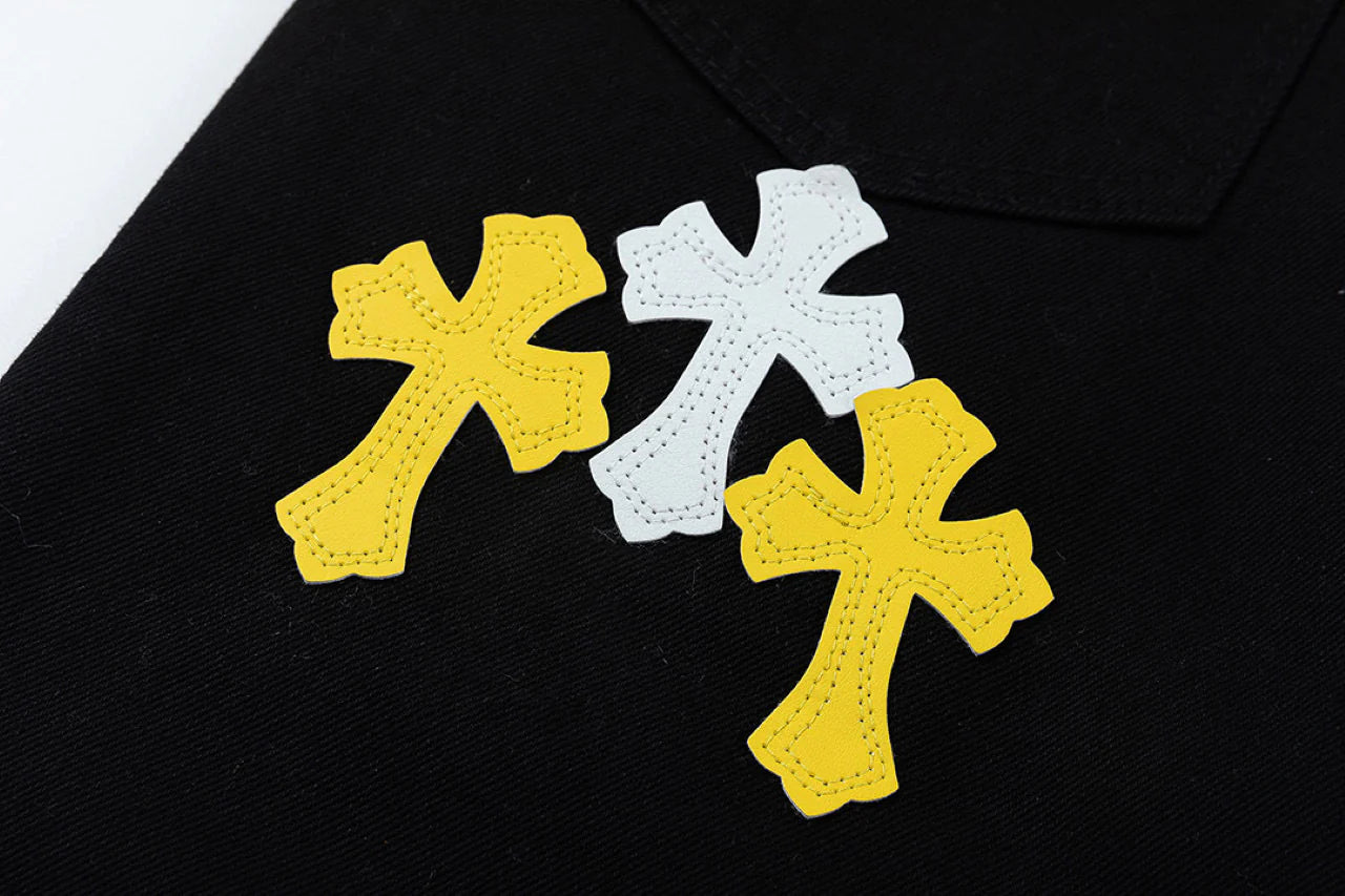 CHROME HEARTS BLANC JAUNE PATCH CROIX JEANS NOIR