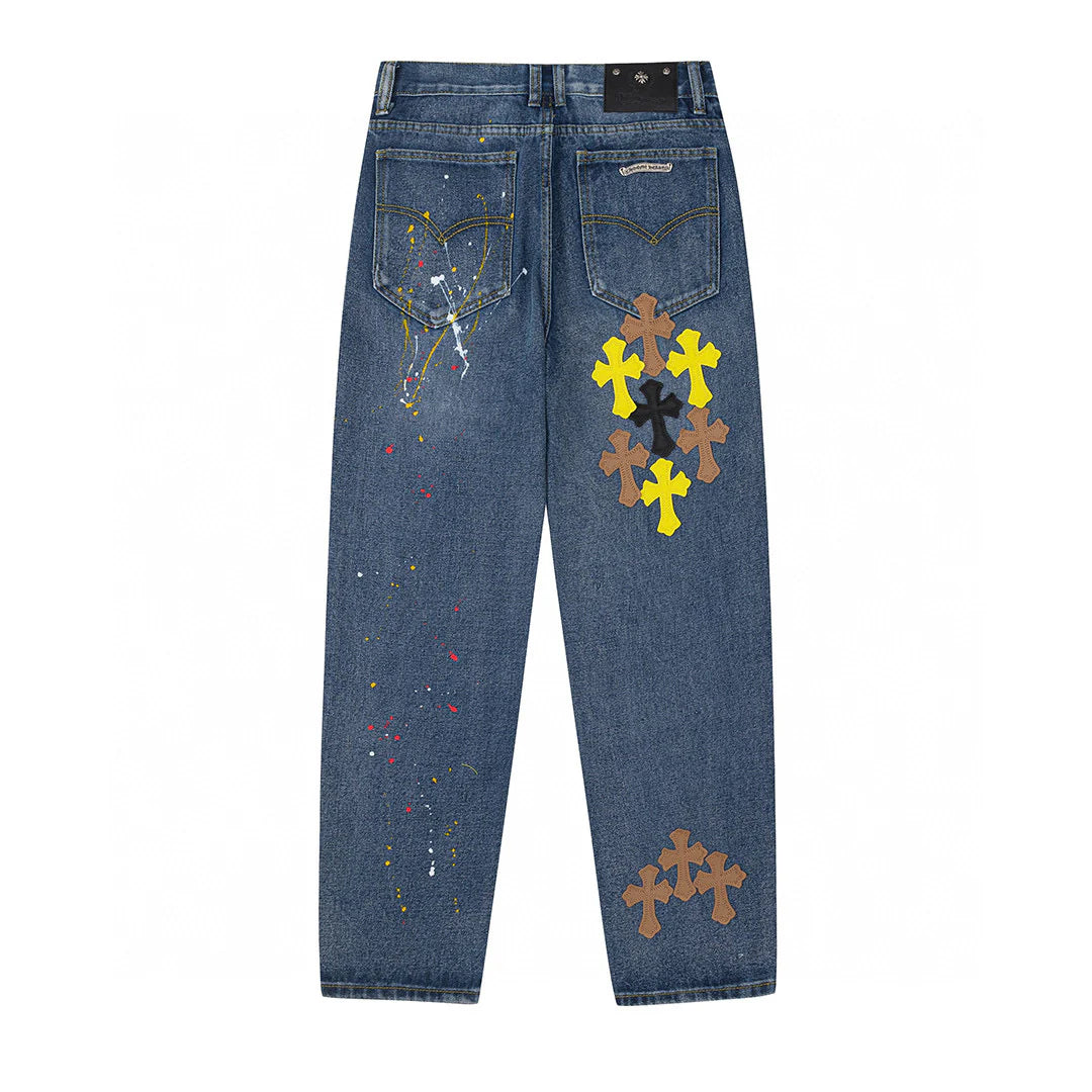 CHROME HEARTS PEINTURE GOUTTE CROIX PATCH JEANS DENIM