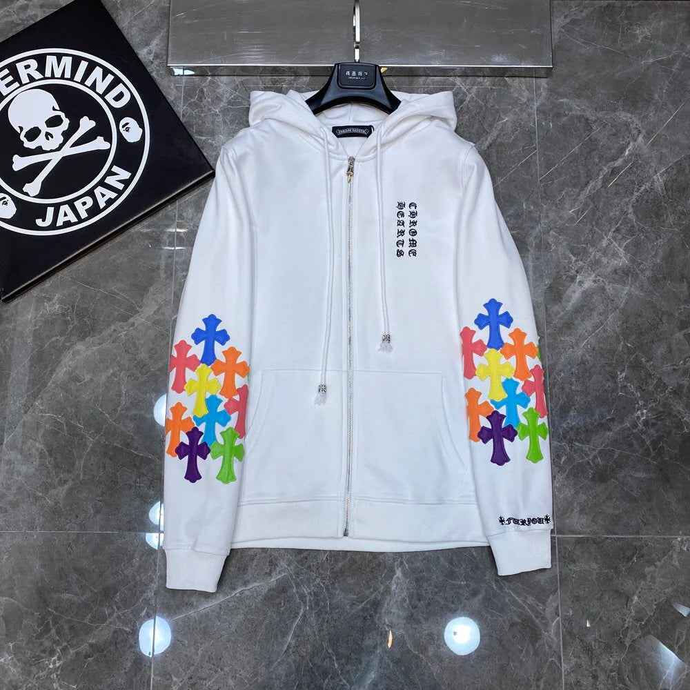 Sweat à capuche zippé avec patch croix multicolore Chrome Hearts blanc