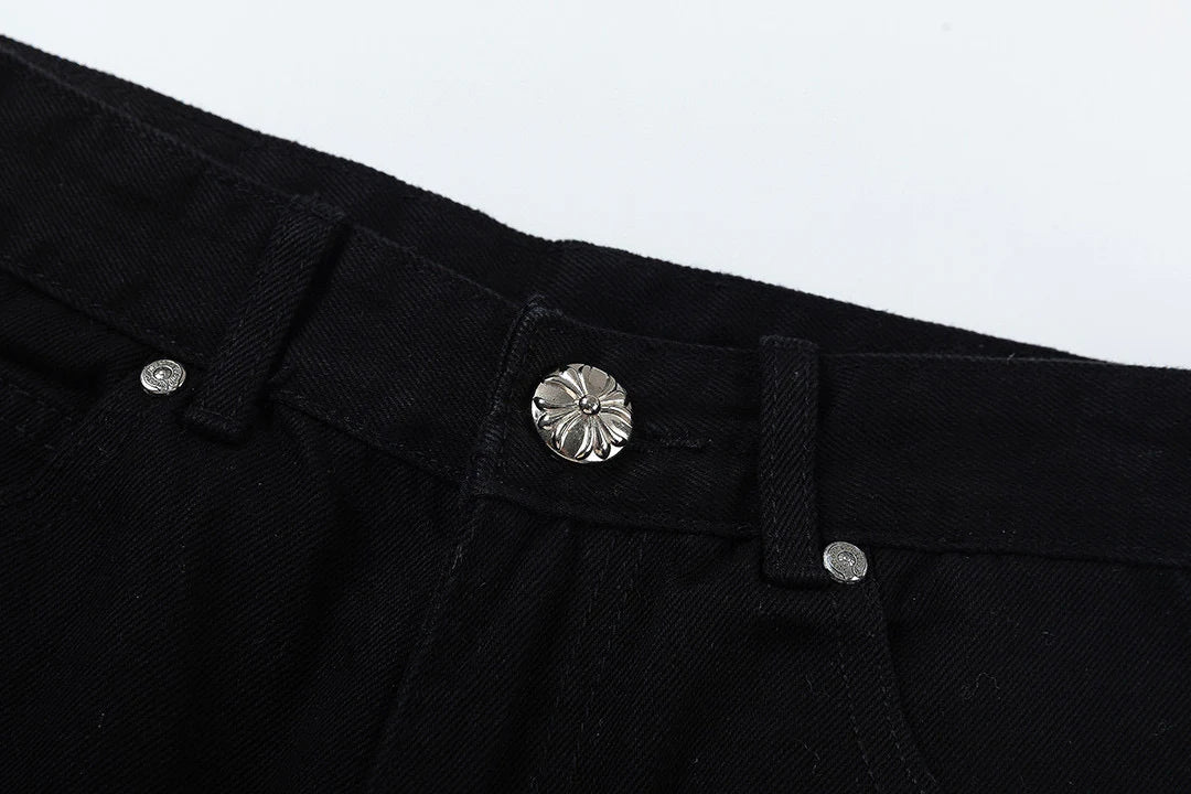 CHROME HEARTS PEINTURE GOUTTE JAUNE CROIX PATCH JEANS NOIR