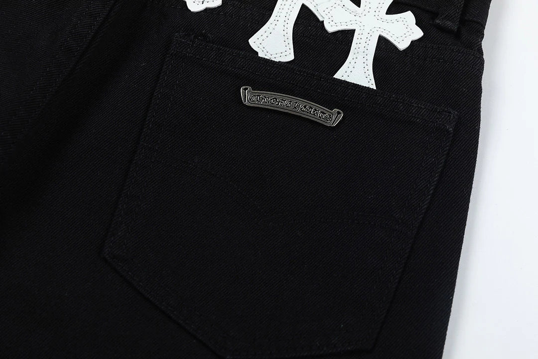 CHROME HEARTS BLANC JAUNE PATCH CROIX JEANS NOIR