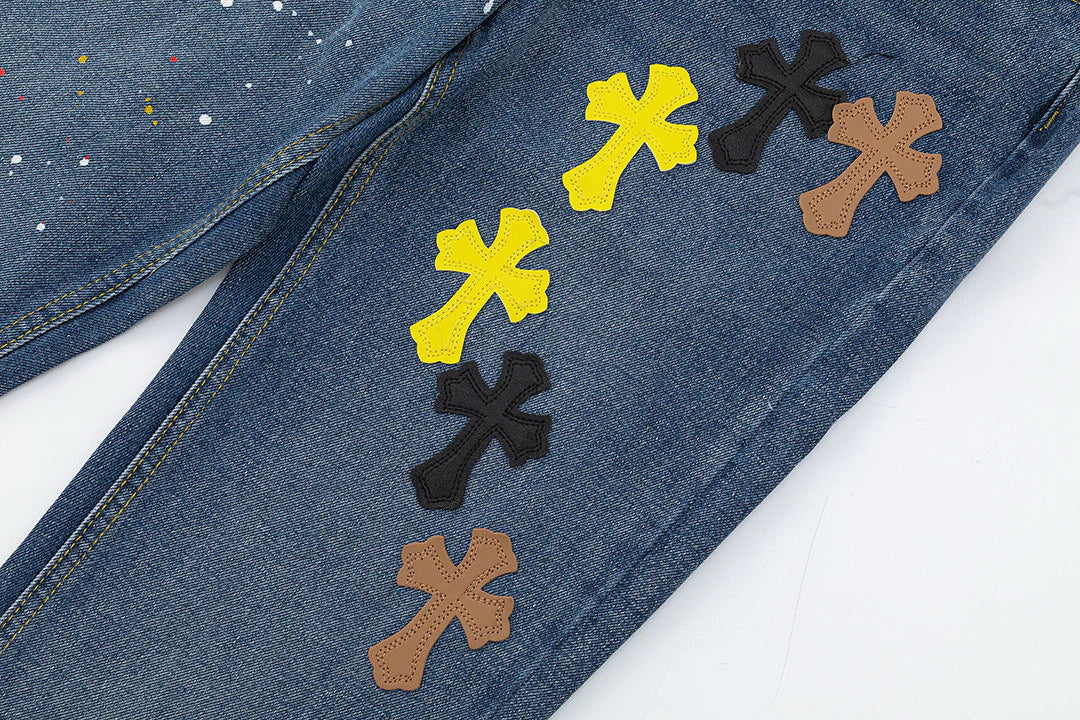 CHROME HEARTS PEINTURE GOUTTE CROIX PATCH JEANS DENIM