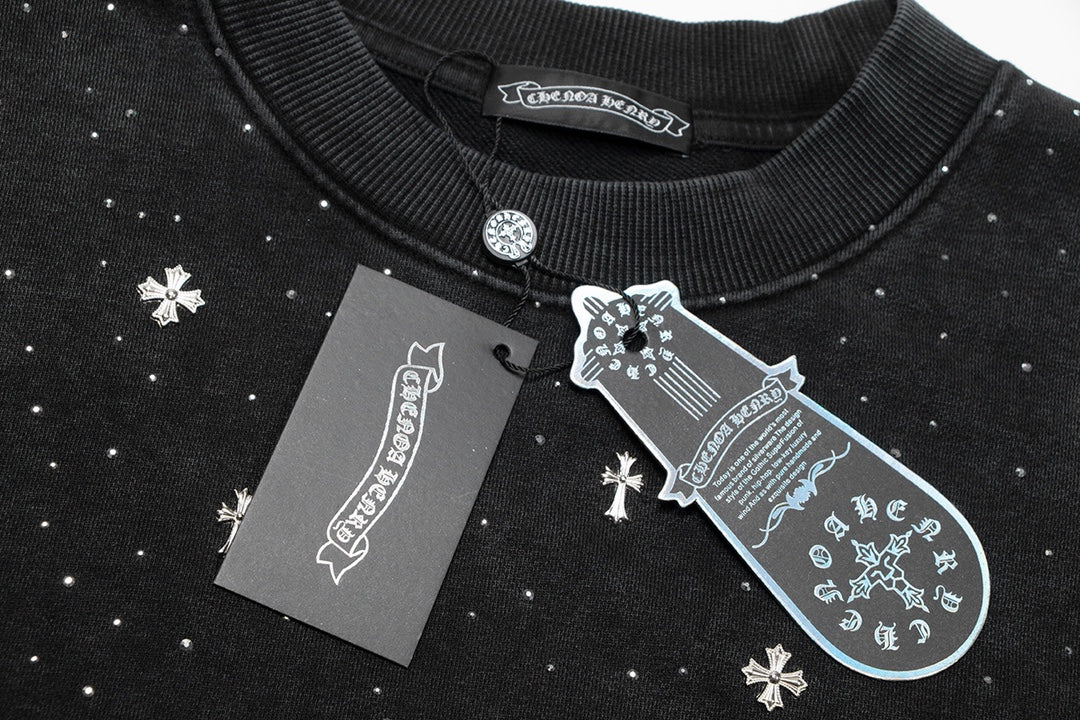 Sweat-shirt à strass étoilés et CHROME HEARTS noir délavé