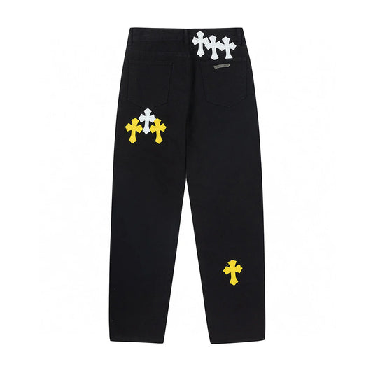 CHROME HEARTS BLANC JAUNE PATCH CROIX JEANS NOIR
