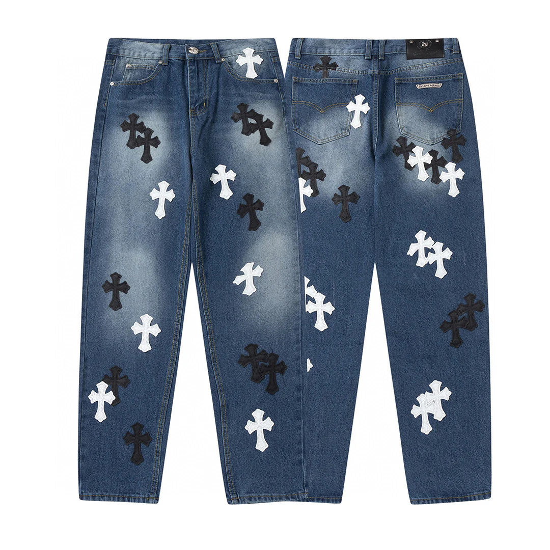 CHROME HEARTS BLANC NOIR PATCH CROIX JEANS DENIM